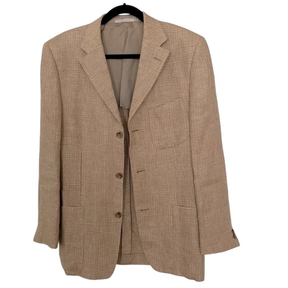 Ermenegildo Zegna Italian Linen Gold Carmel Tan Beige Houndstooth Blazer Jacket